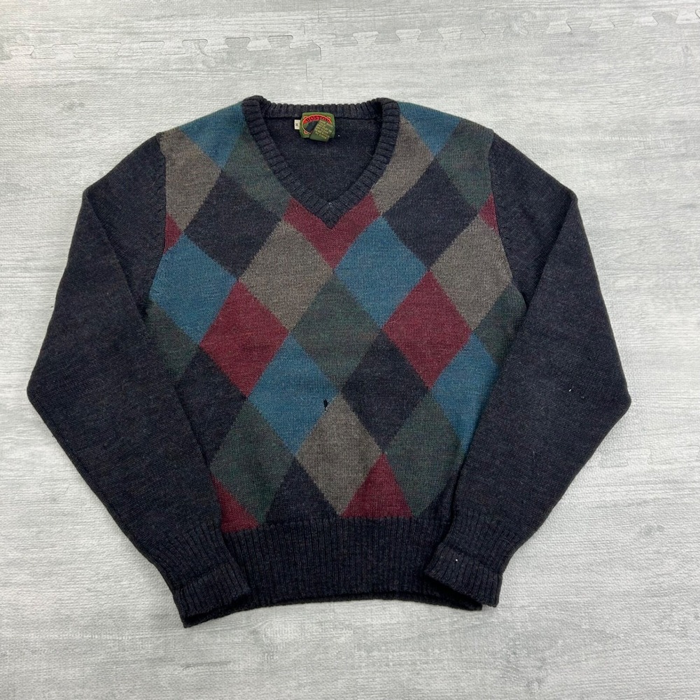 Vintage 90s Boston Traders Sweater Size Medium Gray V‎ Neck Geometric Pullover